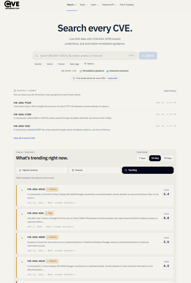 The CVEDatabase.com homepage showing CVE search, recently viewed records and trending vulnerabilities
